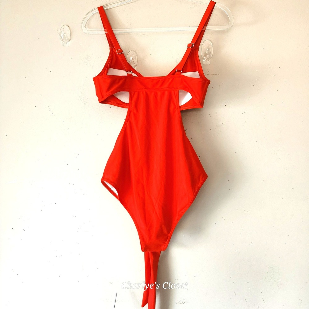 Red Cutout Monokini Swimsuit M/L NWOT Front Tie One Piece Beachy Vacation Vixen - Picture 5 of 10
